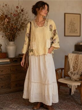 Nooshin Seattle Floral Linen Blend Cottagecore Top Medium Made in USA